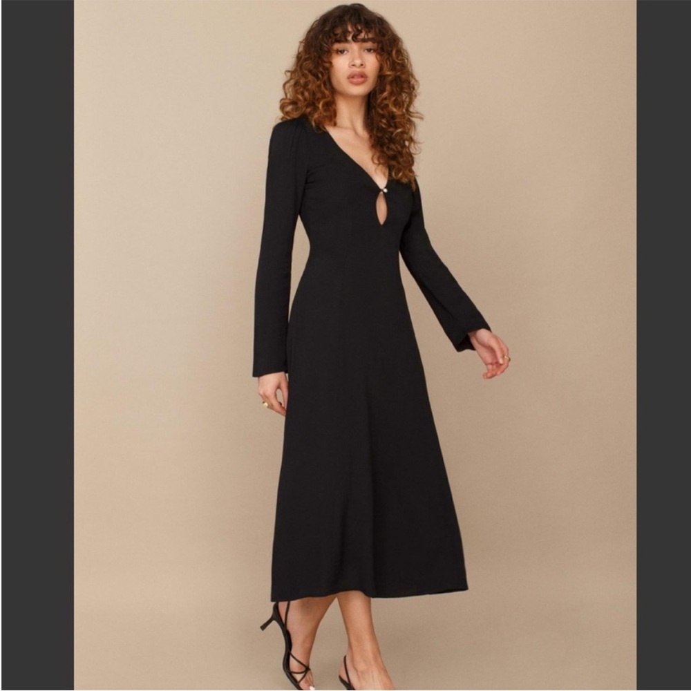 Rare Reformation Daley black midi dress with pearl detail